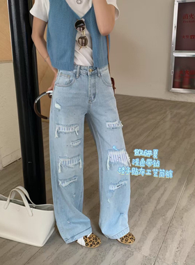 2025 mini jeans 18026夏新款浅蓝色破洞贴布带钻牛仔裤女大直筒