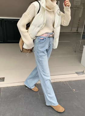 加绒Mini jeans 17811牛仔裤女2024冬装新款 浅蓝色大直筒裤简约