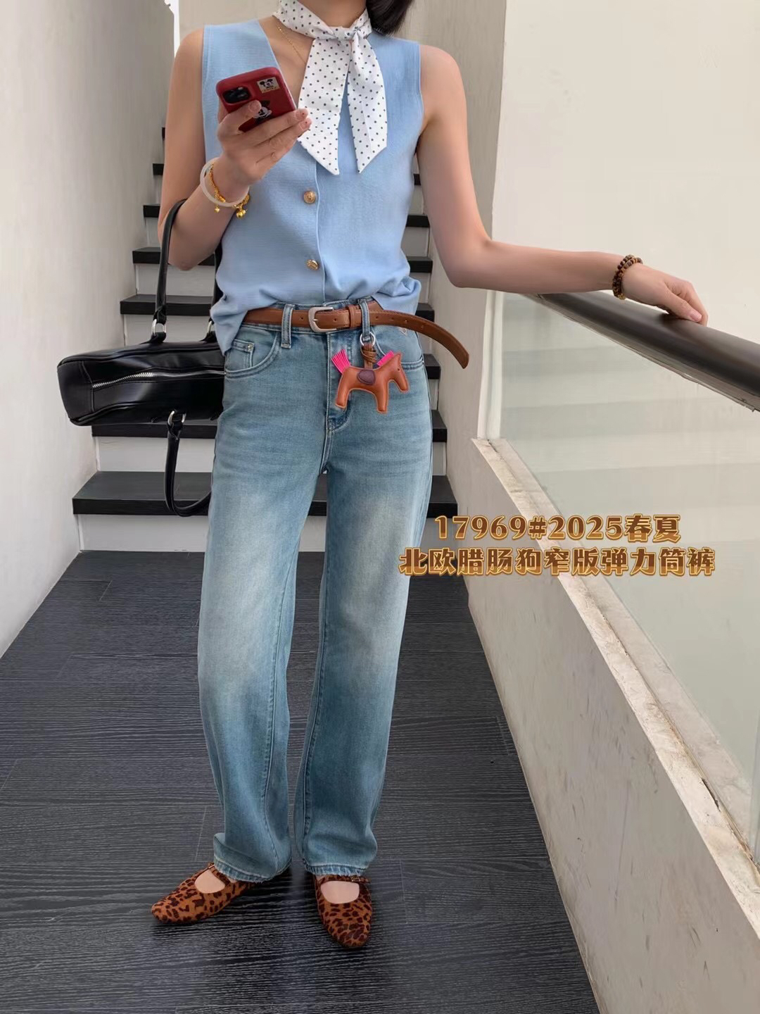 欧洲站2025 mini 诱惑 17969 春装窄版弹力浅蓝色直筒 牛仔裤女裤