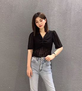 特价Mangu coco 夏装新品雷丝韩版上衣 T恤V领短袖简约时尚显瘦女