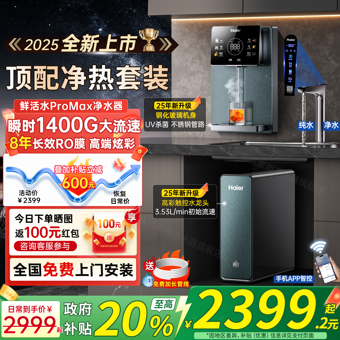 政府补贴20%海尔鲜活水ProMax净水器家用壁挂式管线直饮水机1200G