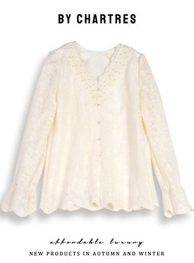 镂空钩花蕾丝衫 春夏新款内搭打底衫法式V领衬衫白色喇叭袖上衣