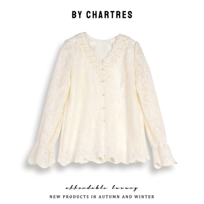 镂空钩花蕾丝衫女白色长袖上衣