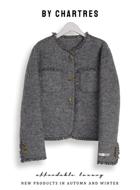 2025春装新款小香风 流苏拉毛短款双面羊毛大衣小个子毛呢外套女