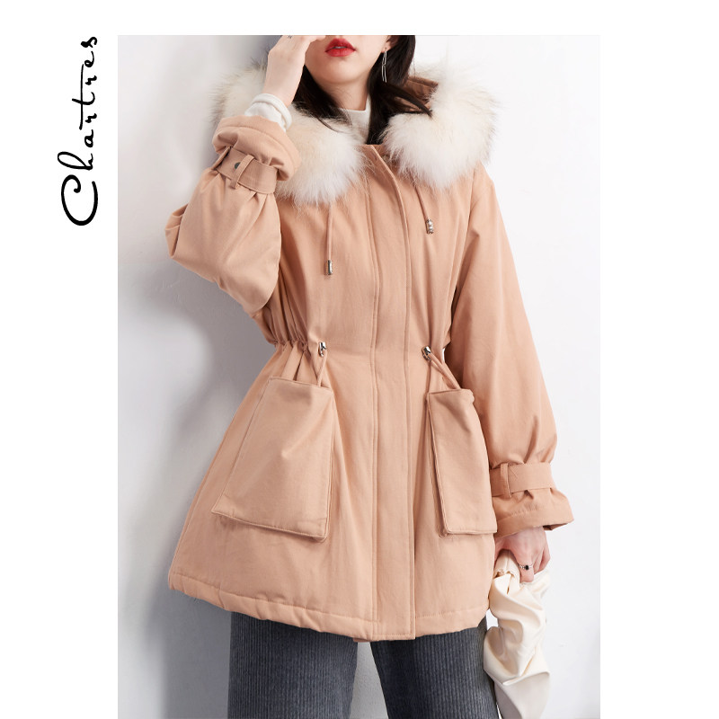 清仓 肉粉色短款工装风 抽绳收腰显瘦小个子大毛领羽绒服女