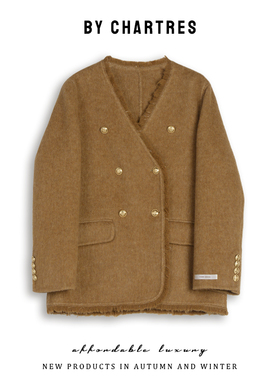 2025球季新款双面羊毛大衣女 V领双排扣韩版宽松款气质双面呢外套