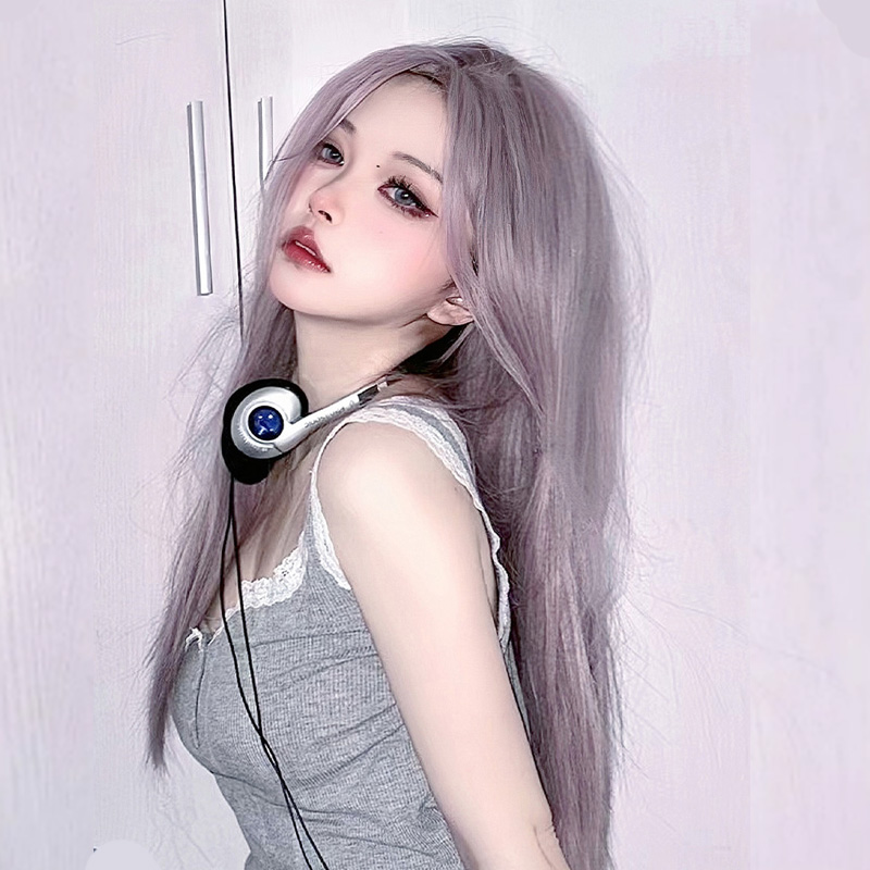 紫色假发女长发全头套中分八字刘海长直发显白rose同款浅色假发套
