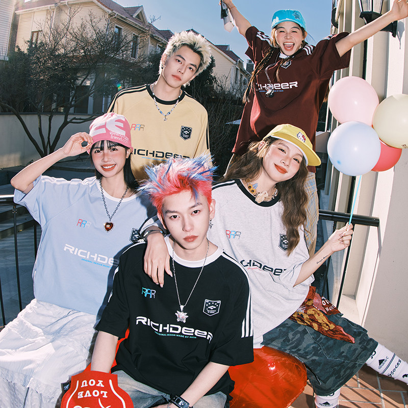 RICHDEER三条杠字母拼接短袖T恤2025夏季潮牌情侣运动纯棉半袖男,男装,T恤,淘宝优惠券,粉丝福利购,淘宝优惠卷