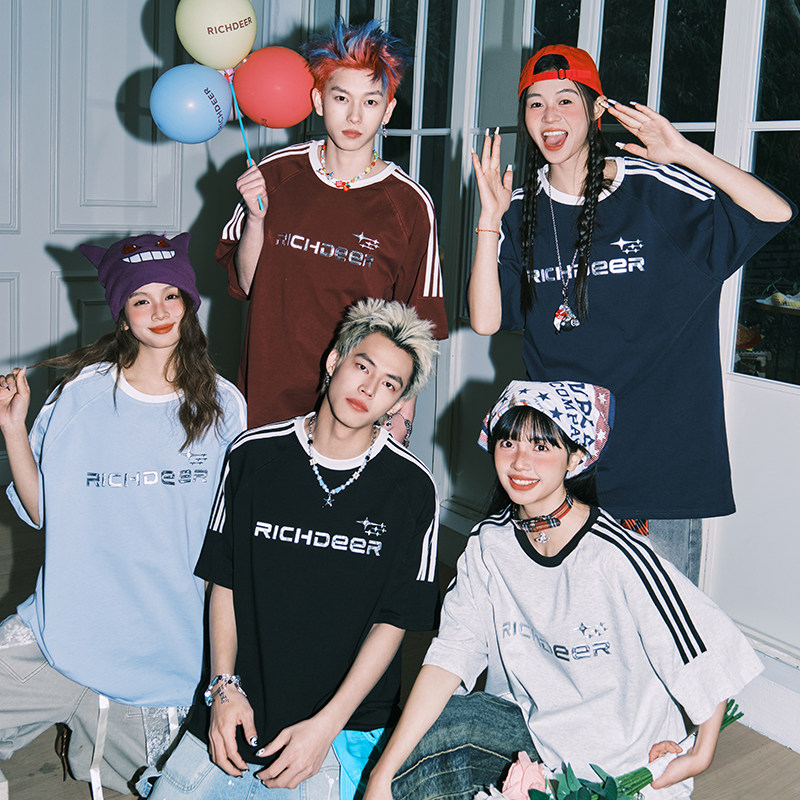 RICHDEER潮牌重磅星芒立体美式短袖T恤2025夏季情侣三条杠体恤衫,男装,T恤,淘宝优惠券,粉丝福利购,淘宝优惠卷