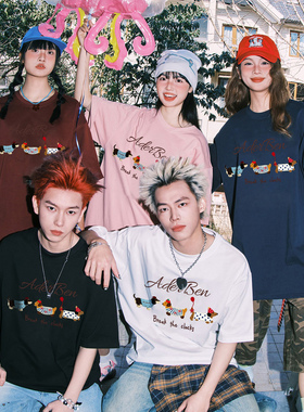 ADERBEN卡通重磅短袖T恤男女款休闲宽松短袖夏季新款印花圆领上衣