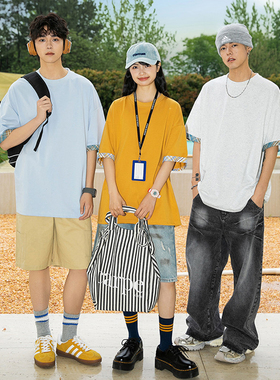 ADERBEN圆领拼接短袖T恤男款2026年夏季薄款冰感重磅宽松半袖上衣