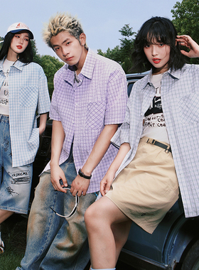 ADERBEN日系复古格子衬衫短袖男款夏季男女宽松重磅衬衣时尚外套