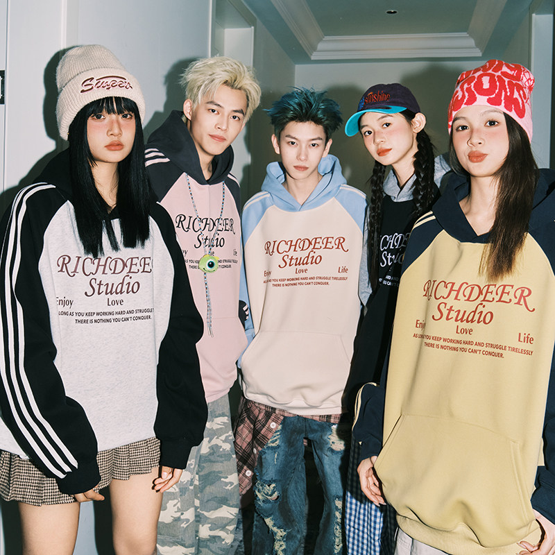 美式插肩三条杠重磅连帽卫衣