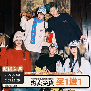 国潮牌基础logo宽松针织衫 RICHDEER冬季 情侣毛衣宽松撞色圆领上衣