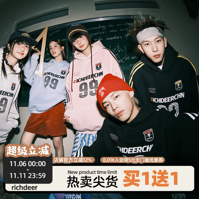 RICHDEER美式情侣三条杠连帽卫衣