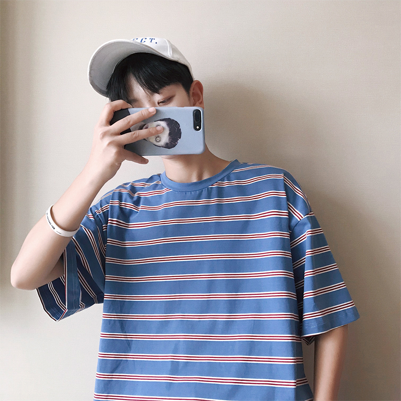 港風夏季新款男士條紋半袖T恤韓版情侶短袖tee學生衣服打底衫潮流