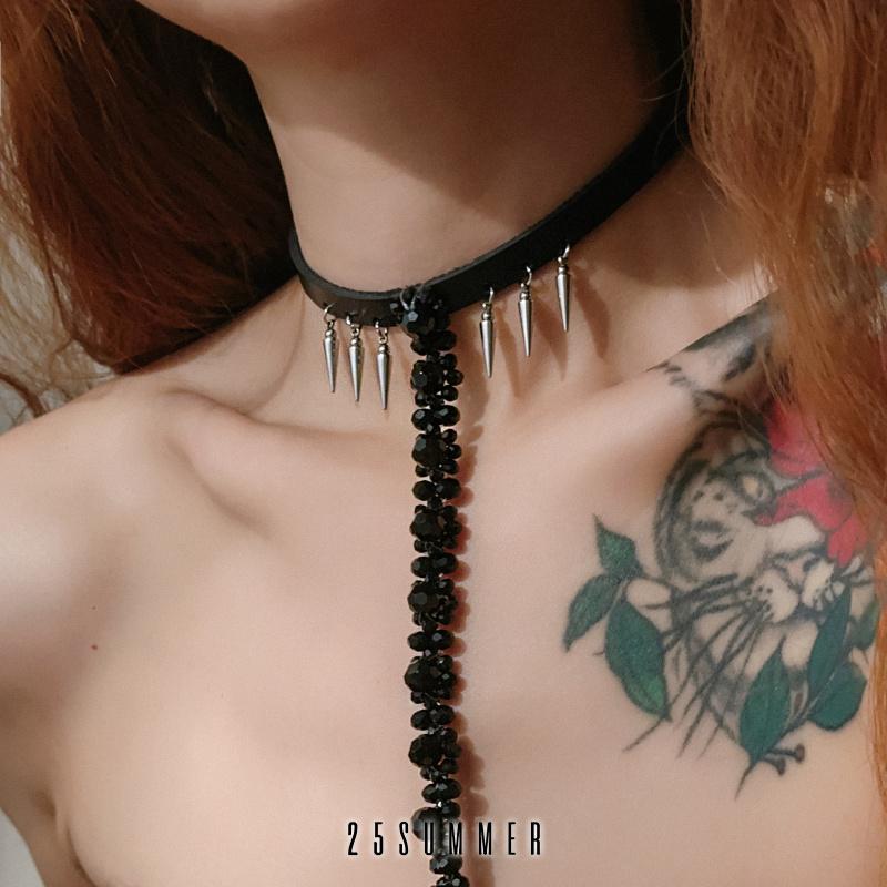 25SUMMER黑色牛皮流苏女项圈