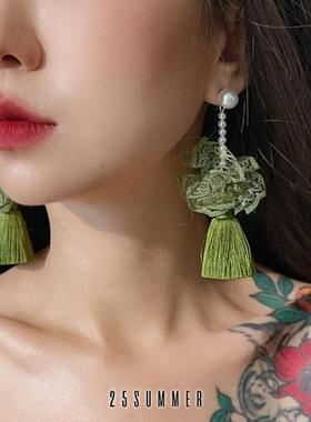 25SUMMER原创 青苔 高级感橄榄绿色流苏耳环蕾丝花边贝珍珠耳夹女