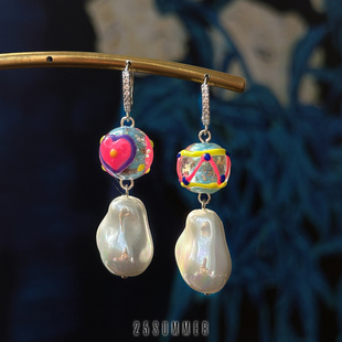 25SUMMER原创  硬糖派对 小众设计仿巴洛克贝珠彩色琉璃耳环耳夹