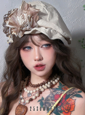 25SUMMER原创千禧日系复古废土花朵帽子显脸小棉麻堆堆帽画家帽女