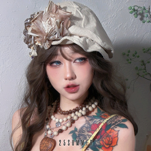 25SUMMER原创千禧日系复古废土花朵帽子显脸小棉麻堆堆帽画家帽女