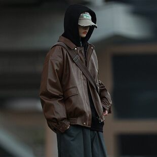 潮牌美拉德棕色皮衣外套男秋冬季 加绒痞帅机车服休闲宽松真皮夹克