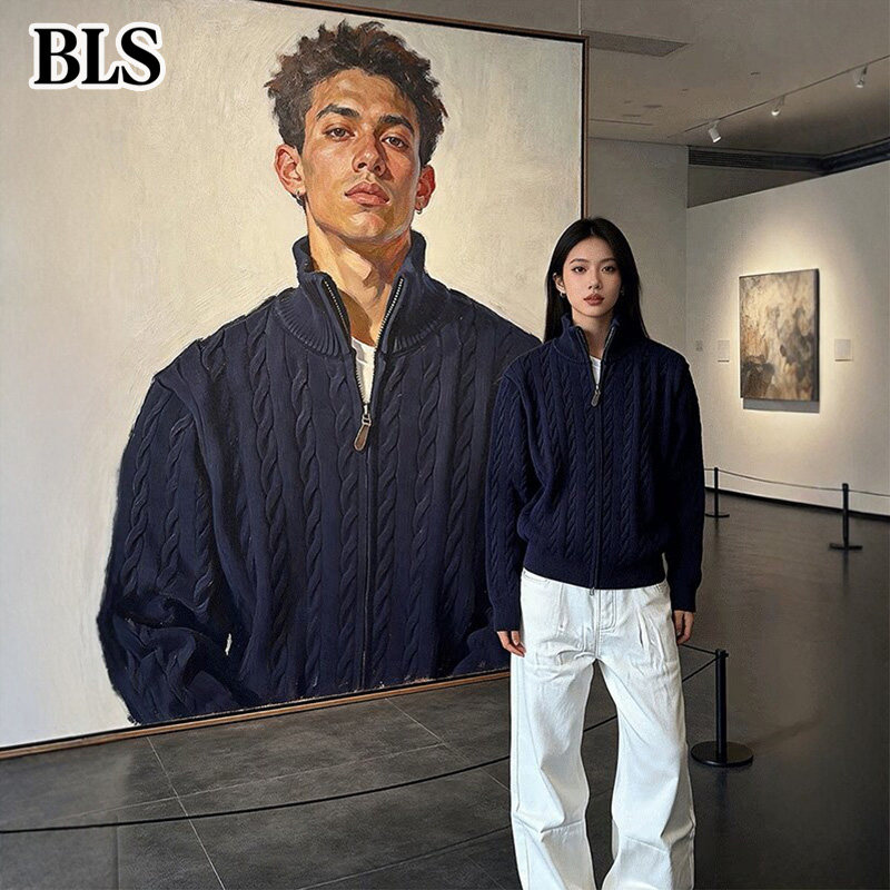 高端绞花开衫毛衣男春秋2026新款美式立领针织衫外套休闲男士上衣