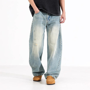 复古宽松阔腿休闲长裤 男美式 子 设计感水洗破洞弯刀牛仔裤 秋冬新款