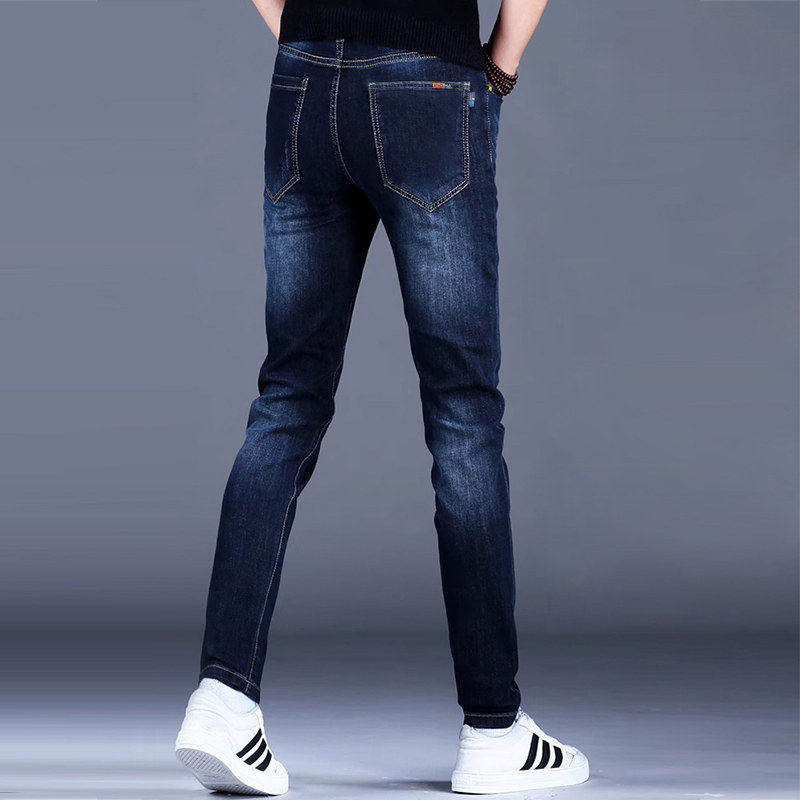 意大利秋冬款高端深蓝色牛仔裤男士修身小脚加绒休闲百搭弹力裤子