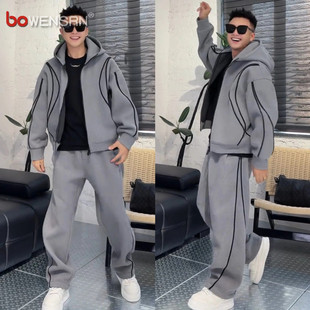 男士 两件男款 秋冬装 连帽外套休闲裤 2025新款 重磅加绒加厚休闲套装