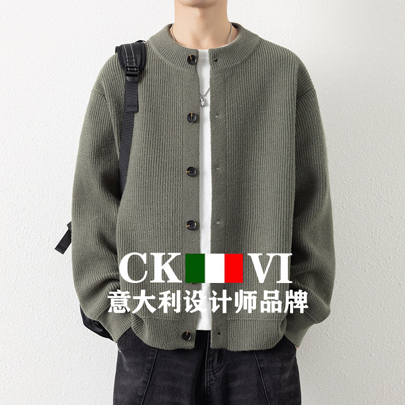 官方正品CKvi羊毛针织开衫外套男士新款百搭夹克宽松圆领羊绒毛衣