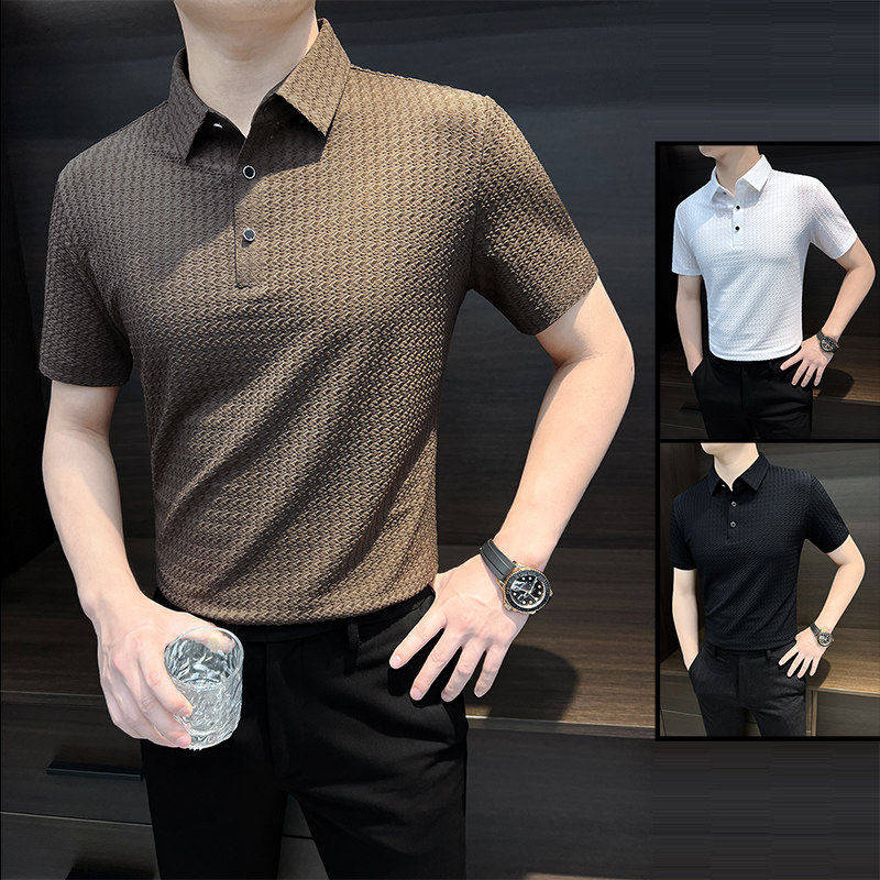 华夫格冰丝polo衫男短袖夏季2026新款条纹翻领上衣商务半袖t恤男