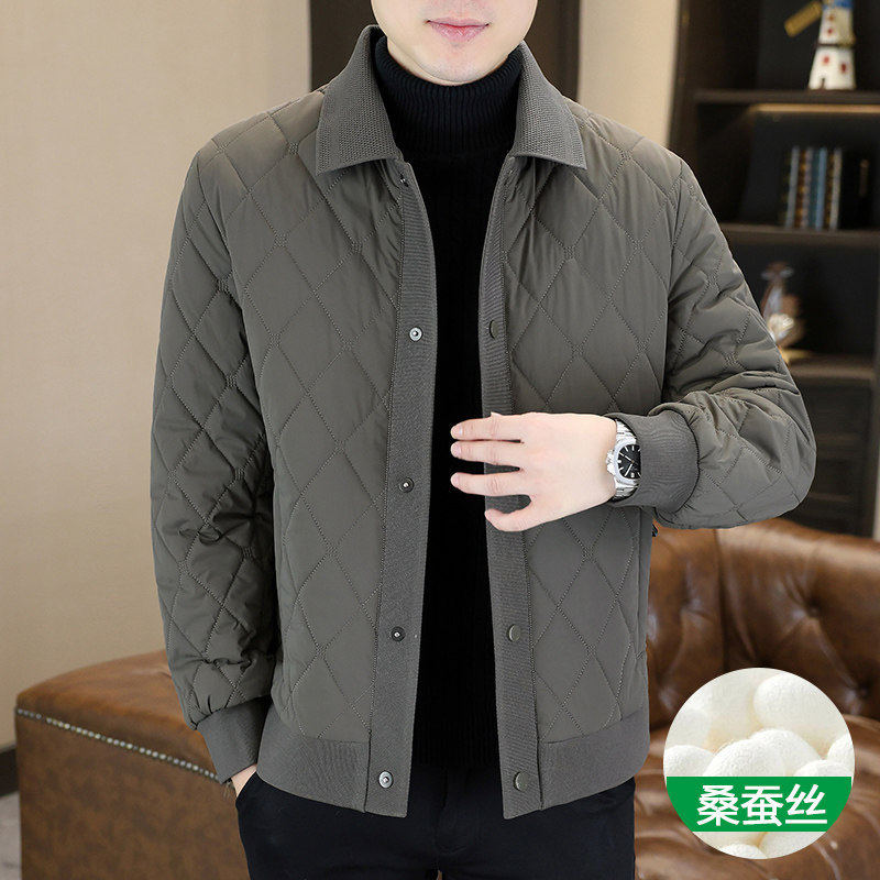 潮牌拼接桑蚕丝棉衣男翻领休闲时尚棉袄青年高级感格子高端厚外套