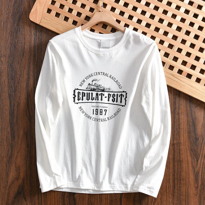 闭眼入！全棉男士长袖T恤美式印花圆领休闲水洗磨毛纯棉打底衫秋