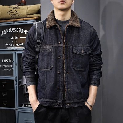 HS冬季加绒保暖羊羔绒牛仔外套男士美式复古水洗工装夹克翻领棉衣