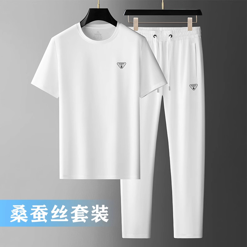 意大利凉感桑蚕丝休闲运动套装男夏季薄款冰丝短袖男士宽松两件套