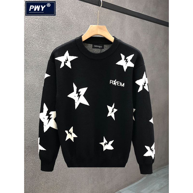 潮牌重工提花保暖毛衣男秋冬季2025新款潮流针织衫内搭圆领打底衫