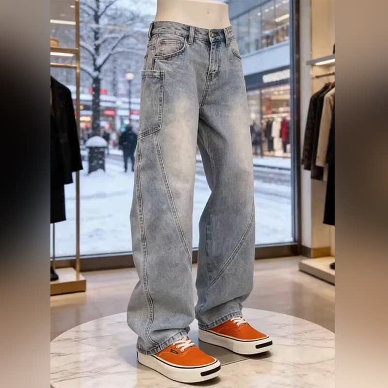 潮牌美式水洗蓝色工装牛仔裤男春秋季高街宽松阔腿裤弯刀微喇裤子