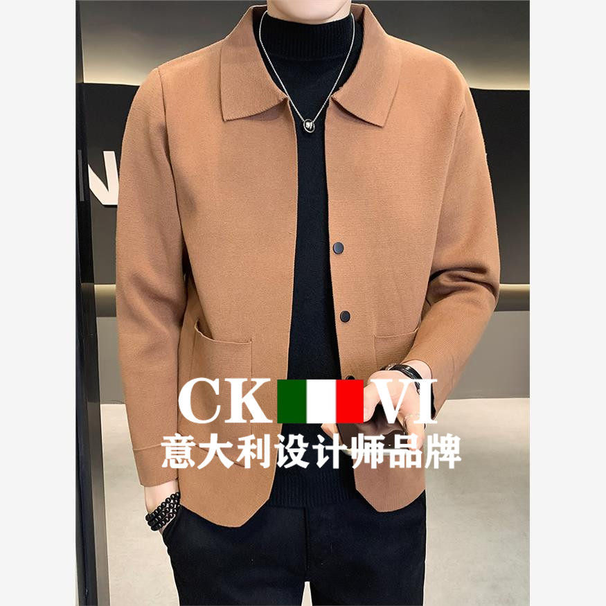 官方正品CKvi翻领羊毛针织开衫男春季修身痞帅羊绒毛衣外套高级感