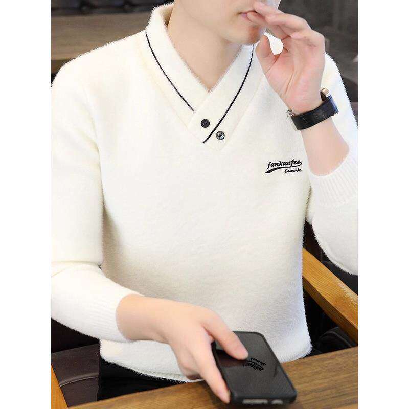 堆堆领水貂绒毛衣男高级设计感潮牌v领针织衫新款韩版修身打底衫