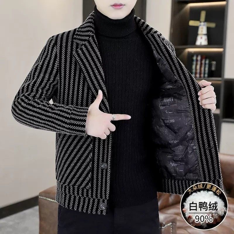 高端毛呢外套男士短款潮牌条纹加厚保暖金貂绒新款羽绒服内胆西装