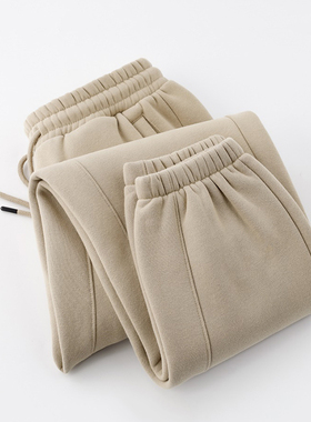 MUSONMU休闲330g重磅卡其色加绒卫裤男秋冬季宽松束脚运动休闲裤