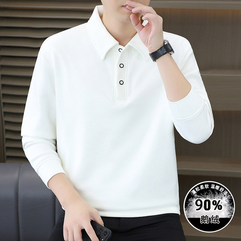 高端长袖鹅绒白t恤polo衫男2025新款翻领休闲内搭羽绒保暖打底衫