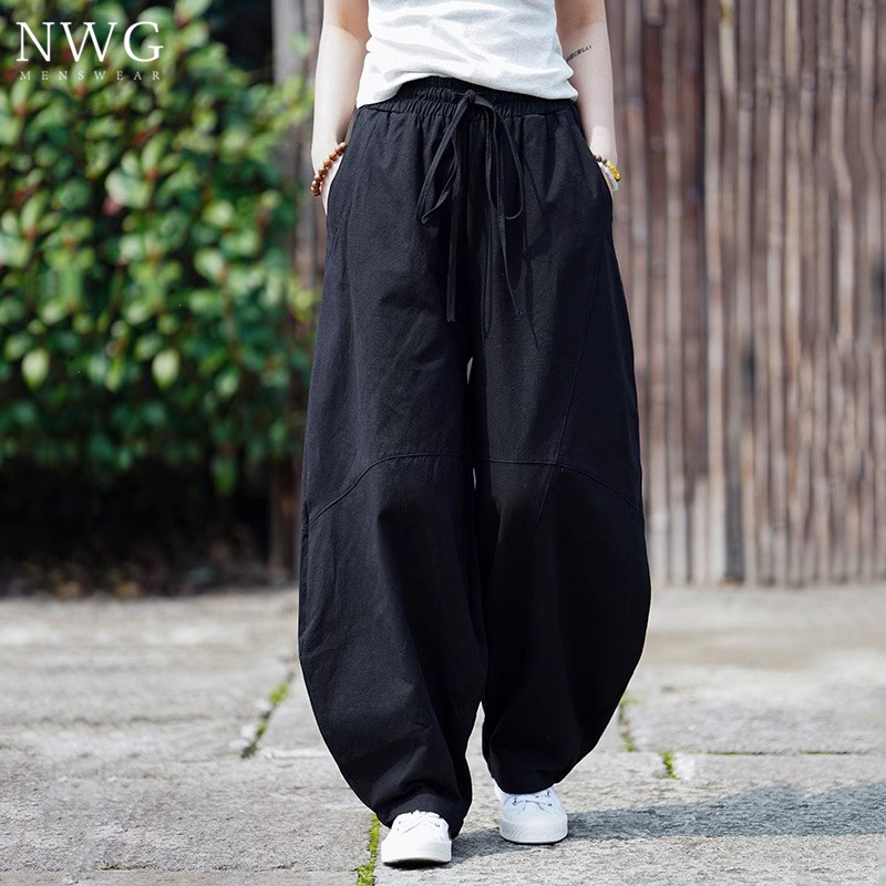 亚麻棉麻弯刀裤男夏季2026新款宽松大码束脚灯笼裤男纯色休闲长裤