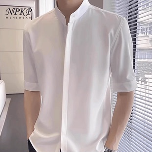 衬衣潮流轻熟风休闲中袖 高级感衬衫 冰丝立领五分袖 男夏季 上衣 中式