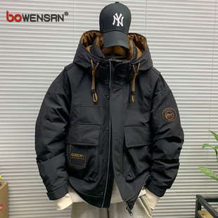 潮牌羽绒服男士冬季2025新款加厚保暖连帽工装冲锋衣外套男款冬装