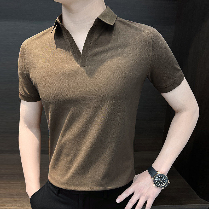 高级感POLO衫男短袖夏季薄款2026新款V领上衣服休闲商务百搭半袖