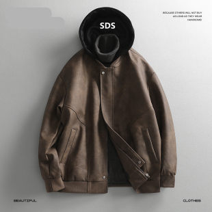 痞帅机车服连帽真皮夹克 薄款 美拉德棕色皮衣外套男春秋季 2026新款
