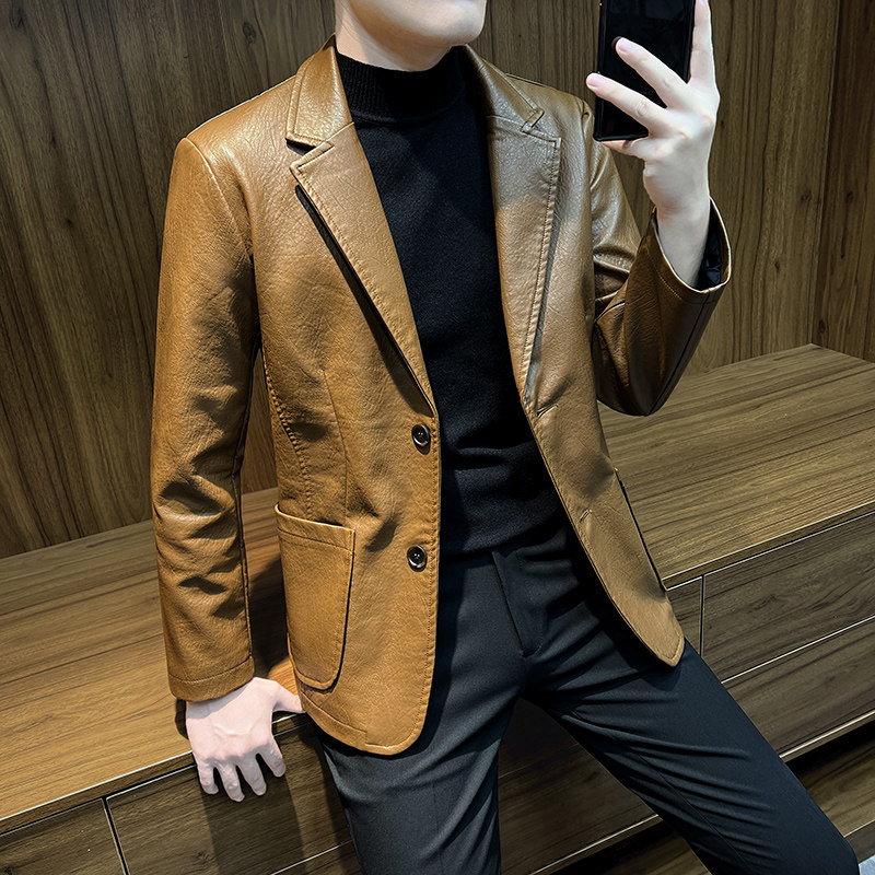 香港皮西装外套男士潮高级感痞帅春秋2025新款男装春装真皮衣西服