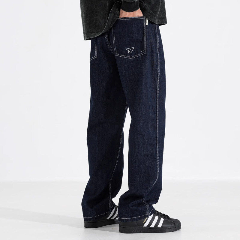 秋冬加绒潮牌深蓝色直筒牛仔裤男垂感美式复古大码宽松休闲长裤子